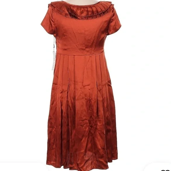 Susana Monaco Orange Shiny Pleated Collart Short Sleeve Zip Dress Small - Picture 2 of 5